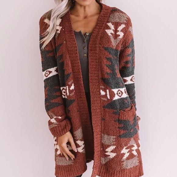 Oversized Last S SOFT New Cozy Aztec Southwest Bohemian Knitted Sweater Cardigan - Picture 5 of 17